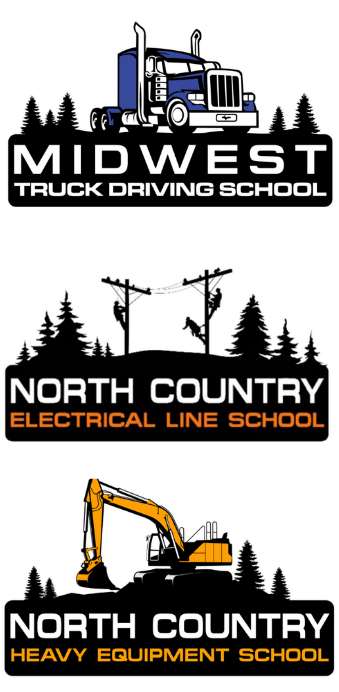 logos for north country electrical line school, midwest truck driving school, and north country heavy equipment school